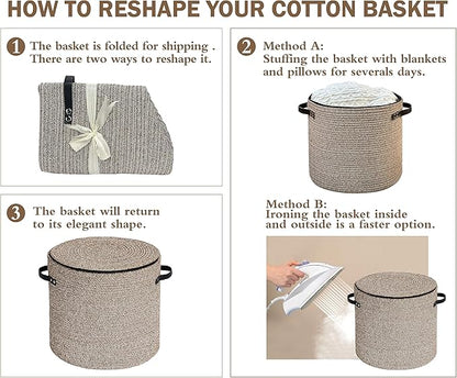 Cotton rope Storage Basket with Zipper cover & Woven baskets with Lid easy to move Multi-Purpose Storage Basket for Living Room, 13 x14 inches(Brown)