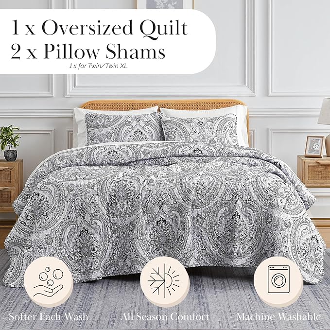 Southshore Fine Living, Inc. Paisley Quilt Bedding Set, Black Quilt Queen Size, Boho Bedspread, Farmhouse Bedding 3-Piece Set with Two Matching Quilted Pillow Shams, Full/Queen Coverlet, Black