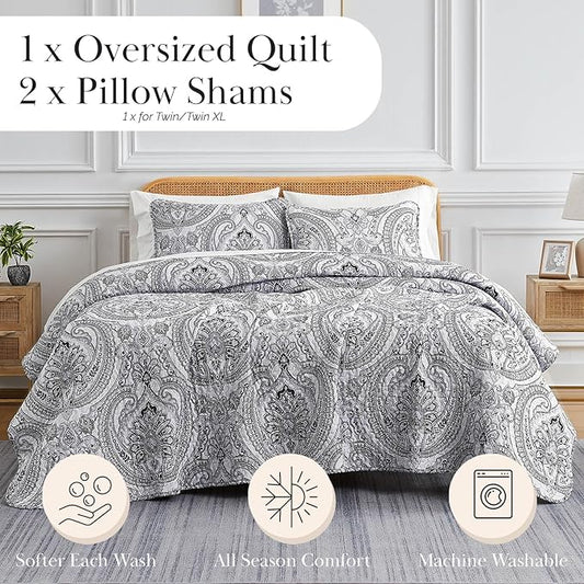 Southshore Fine Living, Inc. Paisley Quilt Bedding Set, Black Quilt Queen Size, Boho Bedspread, Farmhouse Bedding 3-Piece Set with Two Matching Quilted Pillow Shams, Full/Queen Coverlet, Black