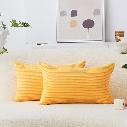 Home Brilliant 12 x 20 Fall Pillow Covers Set of 2 Plush Striped Corduroy Velvet Rectangular Throw Pillow Covers for Chair Couch Winter Decor Lumbar Pillows, 12 x 20 inch, Sunflower Yellow