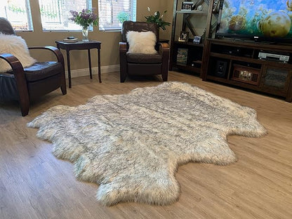 LAMBZY Faux Sheepskin Super Soft Hypoallergenic Silky Shag Rug for Living Room, Kids Room, Sofa (Sexto 6 Pelts 6'x6', White/Black Tips)