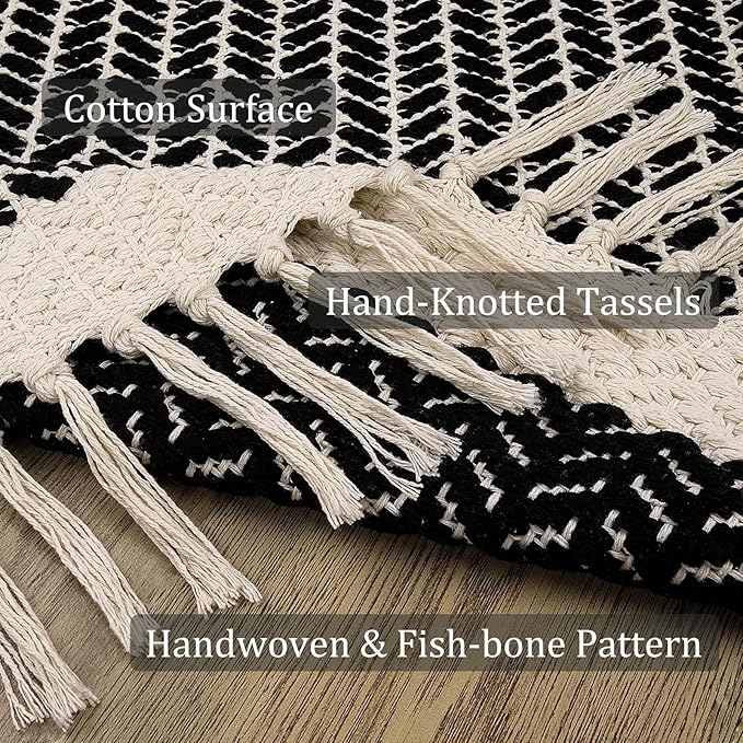 Lahome Boho Kitchen Runner, 2'6''x8 Runners for Hallways Lightweight Bath Mat Woven Washable Runner Rug with Tassels, Farmhouse Non Shedding Black Rug for Bedroom Living Room