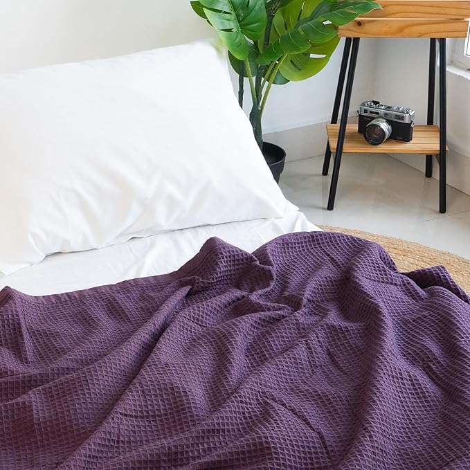 Salt Earth GOTS Certified 100% Organic Cotton Throw Blanket, 90" X 90" Blankets & Throws for Bed, Throw Blanket for Couch,Modern & Cozy Blanket, All Season Waffle Blanket, Soft Blanket (Plum Perfect)