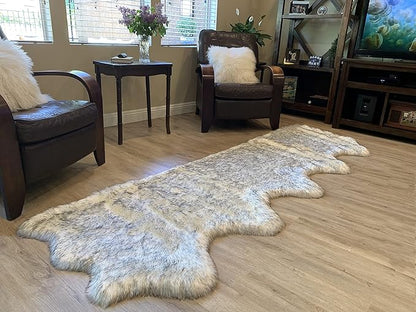 LAMBZY Faux Sheepskin Super Soft Hypoallergenic Silky Shag Rug for Living Room, Kids Room, Sofa (5 Pelts Side by Side 3'x10', White/Black Tips)