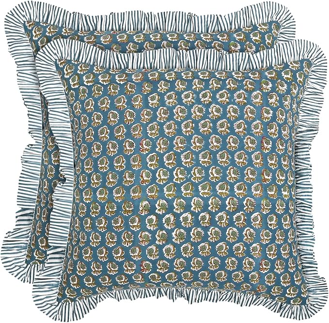 Ridhi Modern Farmhouse Pillow Covers Decorative Cotton Throw Pillow Covers Set of 2 Peacock Blue Cushion Covers with Ruffle for Couch Sofa Bed Living Room Spring Home Decor 24x24