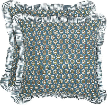 Ridhi Modern Farmhouse Pillow Covers Decorative Cotton Throw Pillow Covers Set of 2 Peacock Blue Cushion Covers with Ruffle for Couch Sofa Bed Living Room Spring Home Decor 18x18