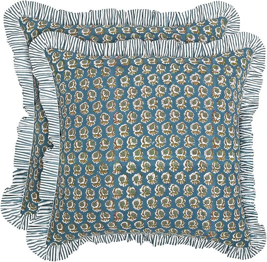 Ridhi Modern Farmhouse Pillow Covers Decorative Cotton Throw Pillow Covers Set of 2 Peacock Blue Cushion Covers with Ruffle for Couch Sofa Bed Living Room Spring Home Decor 18x18