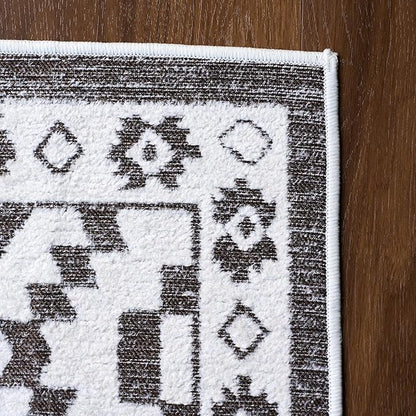 Moroccan Washable Area Rug 4x6, Geometric Decorative Woven Rug Low Pile, Non-Slip Boho Accent Farmhouse Area Rug for Living Room Laundry Bedroom Dining Table, Dark Brown/White