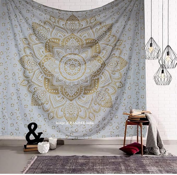 raajsee Metallic Gold Tapestry Mandala Wall Hanging- Bohemian Dorm Decor Hippie Queen Tapestries 82x92 inches-Boho Bedding Beach Throw Blanket White Golden bedspread meditation yoga mat throw