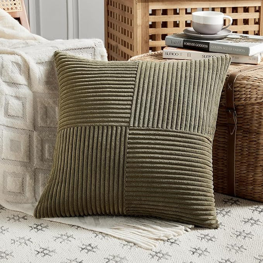 Fancy Homi 2 Packs Olive Green Samll Decorative Throw Pillow Covers 12x12 Inch with for Couch Bed Sofa, Rustic Farmhouse Boho Home Decor, Soft Corss Patchwork Corduroy Square Cushion Case 30x30 cm