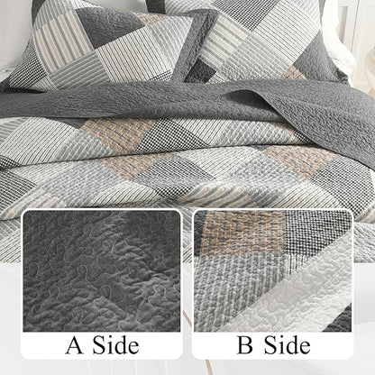 Quilts Queen Size - Queen Quilt Bedspread Sets, 100% Cotton Gray Quilt Bedding Set for Queen Bed, 3 Pcs Farmhouse Reversible Rustic Lightweight Comforter, Dark-Gray/White/Brown