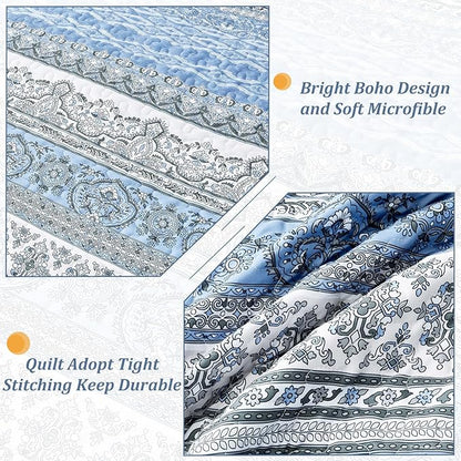 WONGS BEDDING Boho King Quilt Set, Light Blue Bohemian King Quilt Bedding Set, Lightweight Microfiber Bed Decor Bedspread for All Season 104"x90"(3 Pieces)