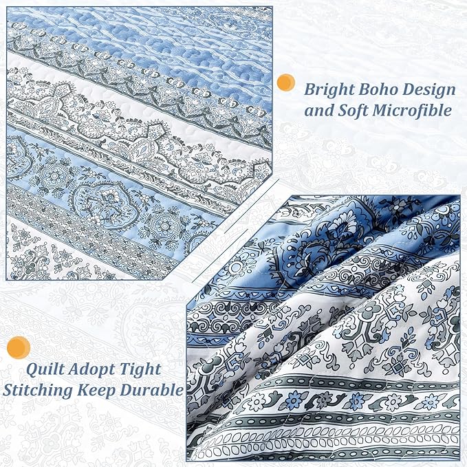 WONGS BEDDING Boho Queen Quilt Set, Light Blue Bohemian Queen Quilt Bedding Set, Lightweight Microfiber Bed Decor Bedspread for All Season 96"x90"(3 Pieces)