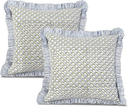 Ridhi Hand Fan Harmony Modern Farmhouse Pillow 18x18 Block Print Cotton Throw Pillow Covers Set of 2 Ruffle for Couch Sofa Bed Living Room Home Decor for Christmas, Thanksgiving