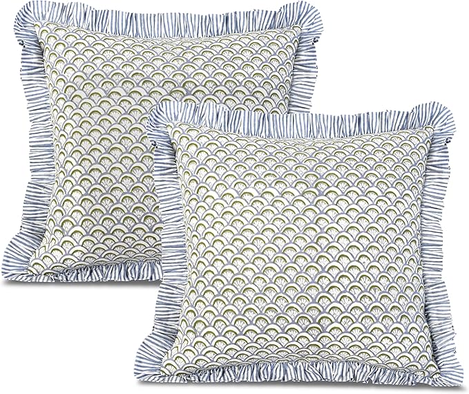 Ridhi Hand Fan Harmony Modern Farmhouse Pillow 20x20 Throw Pillow Covers Set of 2 with Ruffle for Couch Sofa Bed Living Room Home Decor for Christmas, Thanksgiving