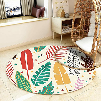 Medieval Round Rug, 6ft, Palm Leafy Simple Rug, Soft Non-Slip Machine Washable Round Rug, Bohemian Round Bath Mat for Living Room Bedroom Bedside Bathroom Entrance Mat