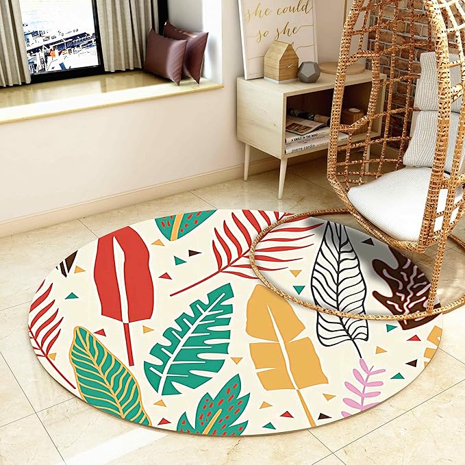 Medieval Round Rug, 3.3ft, Palm Leafy Simple Rug, Soft Non-Slip Machine Washable Round Rug, Bohemian Round Bath Mat for Living Room Bedroom Bedside Bathroom Entrance Mat