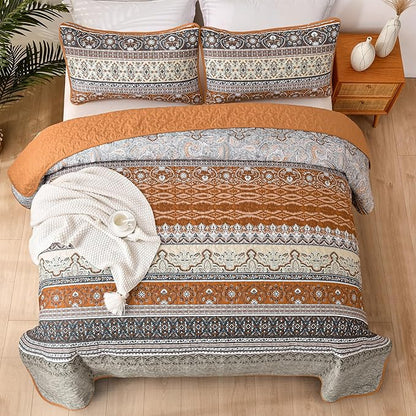 WONGS BEDDING Boho Queen Quilt Set, Brown and Grey Bohemian Quilt Bedding Set, Fall Lightweight Bed Decor Bedspread for All Season Reversible Microfiber Coverlet Bedding Set 96"x90"(3 Pieces)