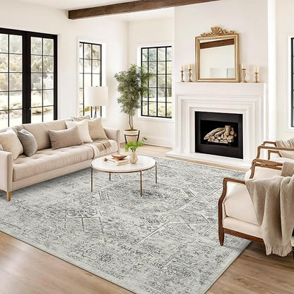 6x9 Area Rug for Living Room Floral Washable Non-Slip Gray Rugs for Bedroom Dinning Room Ultra-Thin Indoor Grey Rug