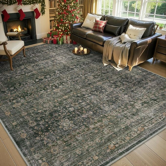 MontVoo-Vintage Area Rug 6X9 Green Rugs for Living Room-Soft Distressed Printed Rugs for Bedroom-Non Slip Carpet-Machine Washable Rug for Dining Room Living Room Bedside Office