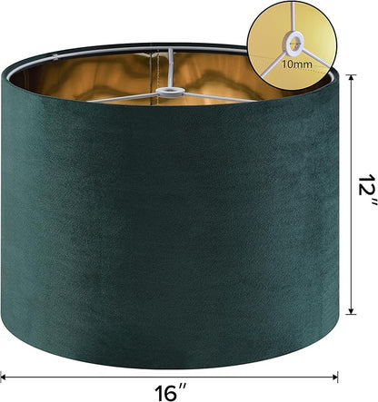 Green Velvet Lampshades Set of 1 Large Drum Lamp Shade 16" Top x 16" Bottom x 12" High (Spider) Modern Lamp Shade - Ideal for Table & Floor Lamps - Lampshades Replacement - By GO&SO
