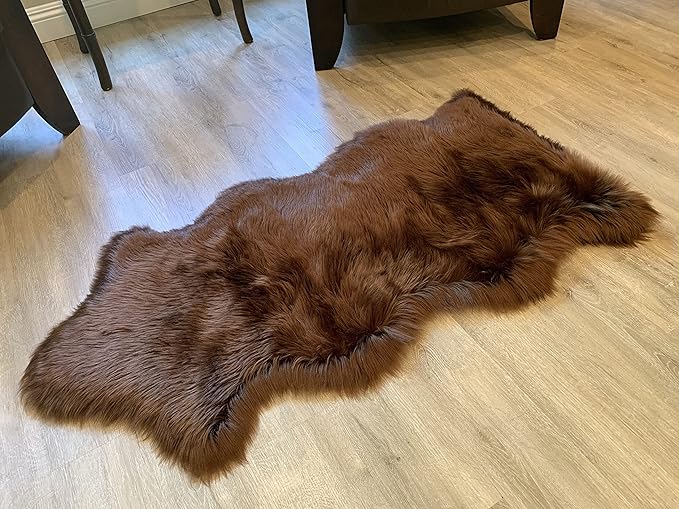 LAMBZY Faux Sheepskin Super Soft Hypoallergenic Silky Shag Rug for Living Room, Kids Room, Sofa (Single and a Half 2'x4'6", Brown)