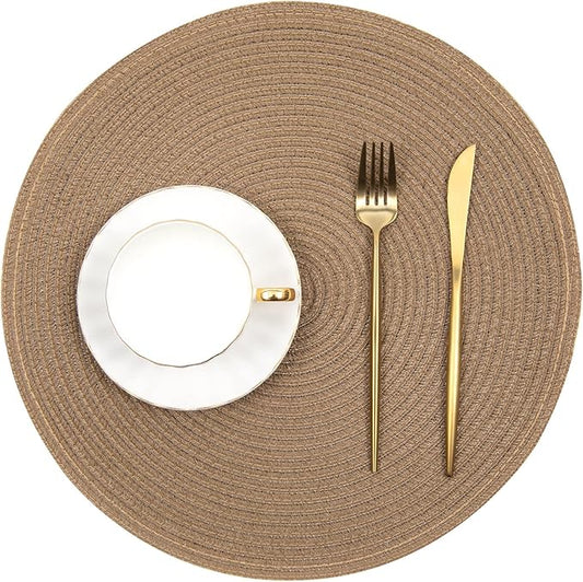 SHACOS Round Braided Placemats Set of 8 Washable 15 inch Round Table Mats Woven Place Mats for Dining Table (Brown, 8)