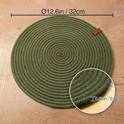 Round Placemats, Set of 4, Handmade by Braided Cotton Cord for Kitchen and Dining Table, Dia. 12.6 Inch, Doublesided, Heat Resistant, Washable, Red/Green