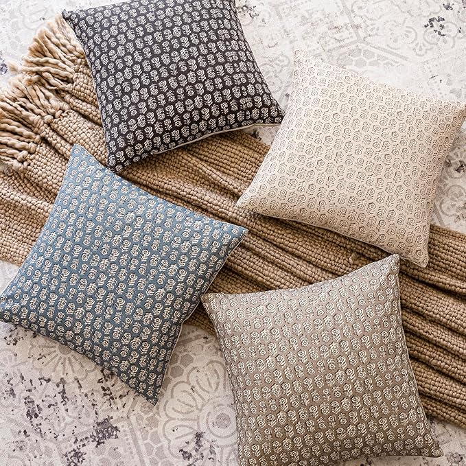 Foindtower Set of 2 Decorative Vintage Floral Print Throw Pillow Covers Neutral Modern Farmhouse Cushion Covers Boho Home Decor for Sofa Couch Chair Bedroom Living Room,20×20 Inch,Dusty Blue