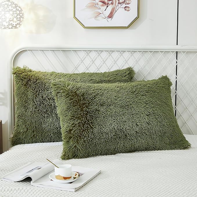 Uhamho Set of 2 Standard Pillowcases Faux Fur Throw Pillow Covers Queen Size Shams Soft Velvet Decorative Zipper Closure (Sage, 20"x26")