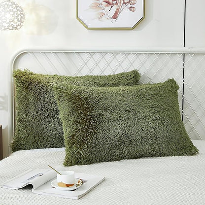 Uhamho Set of 2 Standard Pillowcases Faux Fur Throw Pillow Covers Queen Size Shams Soft Velvet Decorative Zipper Closure (Sage, 20"x26")