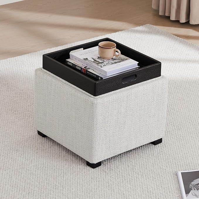 CHITA Storage Ottoman Cube with Tray Lid, Small Footstool with Storage, Square End Table for Living Room and Bedroom, Fabric in Ivory