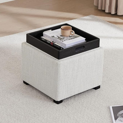 CHITA Storage Ottoman Cube with Tray Lid, Small Footstool with Storage, Square End Table for Living Room and Bedroom, Fabric in Ivory