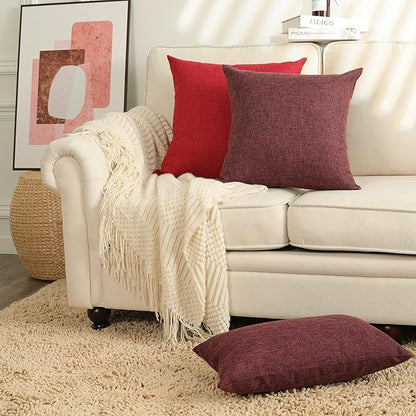 Stellhome Burlap Large Throw Pillow Covers Textured Farmhouse Linen Pillowcase for Bed Couch Sofa Bench Rustic Pillows Neutral Accent Cushion Cases Set of 2, 24 x 24 inch (60 x 60 cm), Burgundy