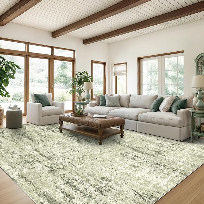 Valenrug Washable Rug 9x12 - Stain Resistant 9x12 Area Rugs for Living Room, Non Slip Backing Printed Rugs for Bedroom, Folable Machine Washable Area Rug(Green,9'x12')