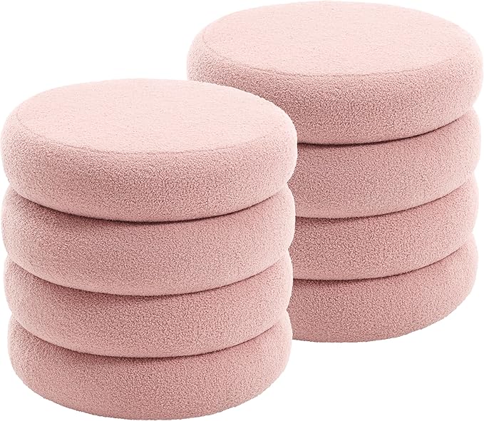 Flouki 20.1" Storage Ottoman Round, Vanity Stools for Bedroom, Entryway Ottoman for Console Table, Ottoman Stool for Girls Women, Foot Stool for Living Room Set of 2, Sherpa Pink