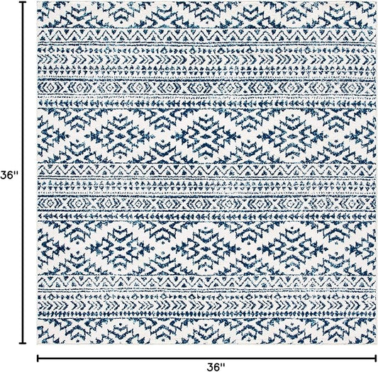 SAFAVIEH Tulum Collection Area Rug - 3' Square, Ivory & Navy, Moroccan Boho Tribal Design, Non-Shedding & Easy to Clean, Ideal for Entryway, Foyer, Accent Space, Bedroom (TUL272D)