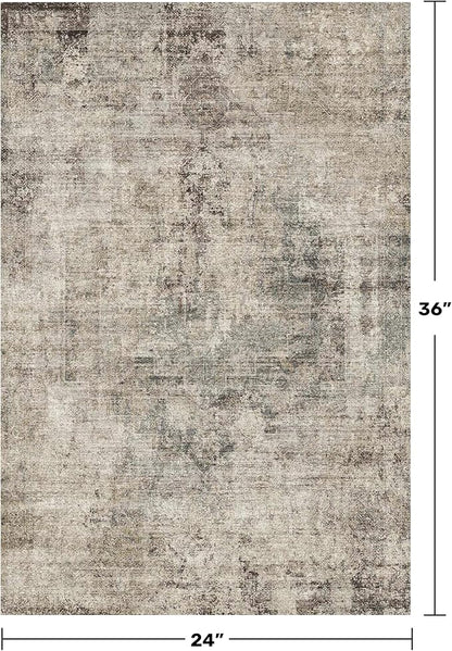 Farmhouse Taupe Brown 2x3 Indoor Entryway Rug - Washable Small Throw Rugs for Kitchen, Bathroom, Modern Medaliion Abstract Design, Non Slip Low Pile Soft Carpet