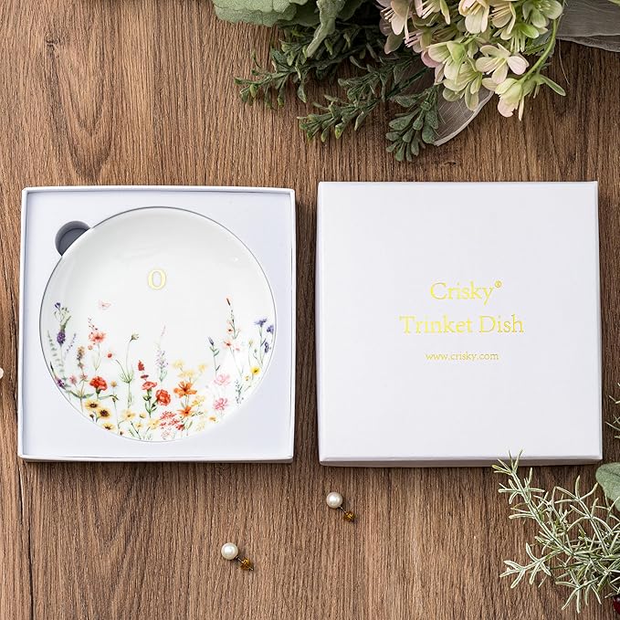 Crisky Initial Jewelry Tray Ring Dish & Gift Box, Ceramic Flower Trinket Dish for Rings Earrings Necklaces Keys, Bridal Shower Engagement Birthday Gift for Women, Friends 4.57" (Gold Foil O