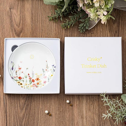 Crisky Initial Jewelry Tray Ring Dish & Gift Box, Ceramic Flower Trinket Dish for Rings Earrings Necklaces Keys, Bridal Shower Engagement Birthday Gift for Women, Friends 4.57" (Gold Foil O