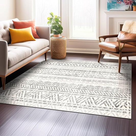 Rugshop Geometric Boho Square Rug – Gray Tribal Pattern, Perfect for Living Room, Bedroom, Dining Room, 6'6" x 6'6" Square