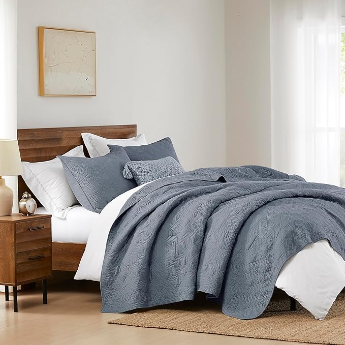 WDCOZY 100% Cotton Twin Size Quilt Set - Dusty Blue Pre-Washed Soft Lightweight Modern Bedspread, Farmhouse Country Rustic Coverlet, Textured Like Linen, Shabby Chic Gauze Bedding, 2 Pieces