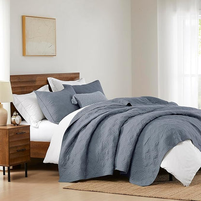 WDCOZY 100% Cotton Twin Size Quilt Set - Dusty Blue Pre-Washed Soft Lightweight Modern Bedspread, Farmhouse Country Rustic Coverlet, Textured Like Linen, Shabby Chic Gauze Bedding, 2 Pieces