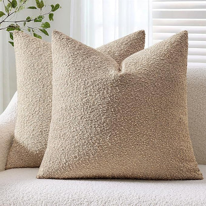 ANRODUO Pack of 2 Textured Boucle Throw Pillow Covers Soft Camel Euro Decorative Accent Solid Pillow Cases Cozy Modern Couch Cushion Case for Chair Sofa Bedroom Living Room Home Decor, 22 x 22 Inch