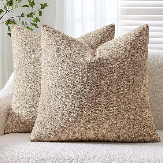ANRODUO Pack of 2 Textured Boucle Throw Pillow Covers Soft Camel Decorative Accent Solid Pillow Cases Cozy Modern Couch Cushion Case for Chair Sofa Bedroom Living Room Home Decor, 20 x 20 Inch
