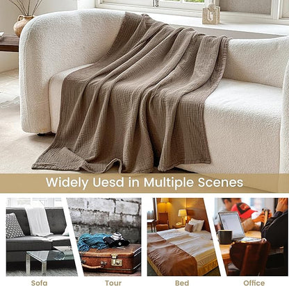 FALUCA Cotton Muslin Reversible Blanket King Size for Bed, Couch, Four Layers Blanket, Soft Lightweight Cozy Breathable Farmhouse Decoration for All-Season, Brown