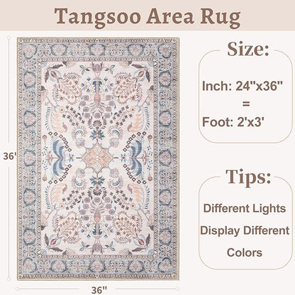 Tangsoo 2x3 Small Rug for Entryway, Washable Area Entry Rug Non Slip, Neutral Low Pile Soft Area Rugs, Indoor Front Door Boho Floral Throw Rugs for Entrance Kitchen Bedroom Bathroom Home Decor