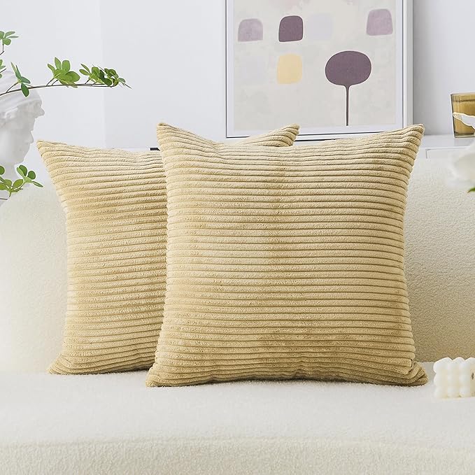 Home Brilliant Set of 2 Throw Pillows for Couch Bed Corduroy Striped Velvet Pillow Covers Protectors for Holiday, 40x40cm, 16 x 16 Inch, Taupe