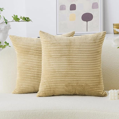 Home Brilliant 2 Pack 24x24 Pillow Shams Striped Corduroy Textured Velvet European Sham Throw Pillowcase for Bed Decorations, 24 x 24 inch, Taupe