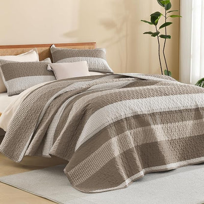 Litanika California King Quilt Set Hazel - Cal King Oversized Stripe Comforter Bedspreads & Coverlets - Soft Lightweight Quilted Bedding Set for All Season(1 Quilt, 2 Pillowcases)